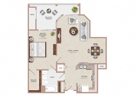 Floor plan for 1 bed, 1 bath, 815 sqft